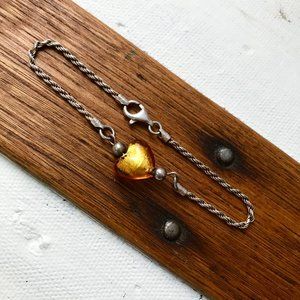 Sterling Silver Murano Glass Gold Heart Bracelet